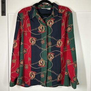 VTG Alfred Dunner Blouse Top Womens 18 White Equestrian Chain Print Old Money